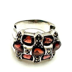 Sterling Silver 925 Stamped Garnet and Marcasite Ring Size 10 Vintage